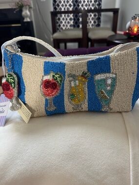 NWT Viral Handcrafted Blue Striped Beaded Cocktail Bag